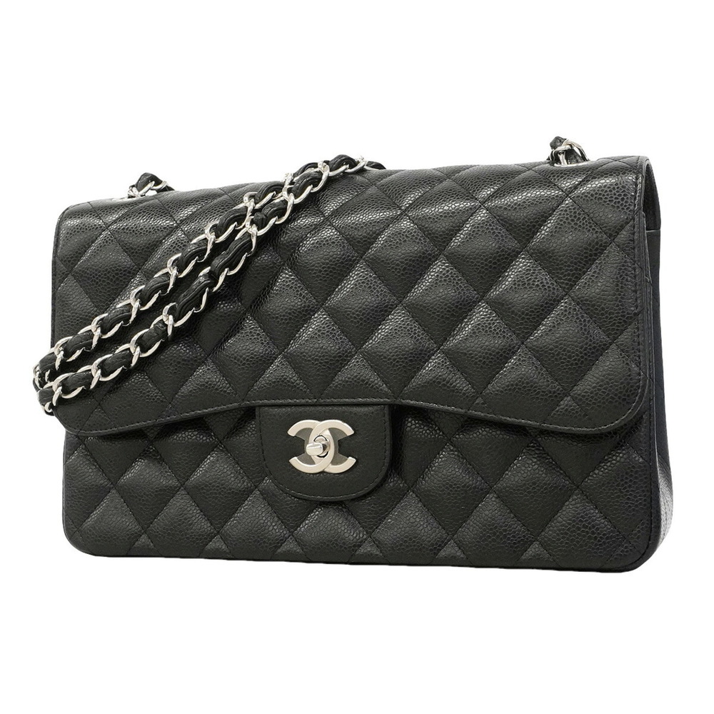Chanel Shoulder Bag, Large Matelassé, Double Flap, Chain, Caviar Leather, Bla...